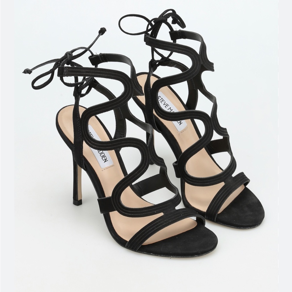STEVE MADDEN AVA Black NUBUCK LEATHER CAGED HEELS size 8.5
